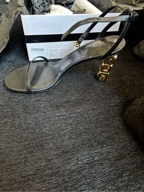Givenchy Black Leather Strappy Sandals with Gold Chain Block Heel